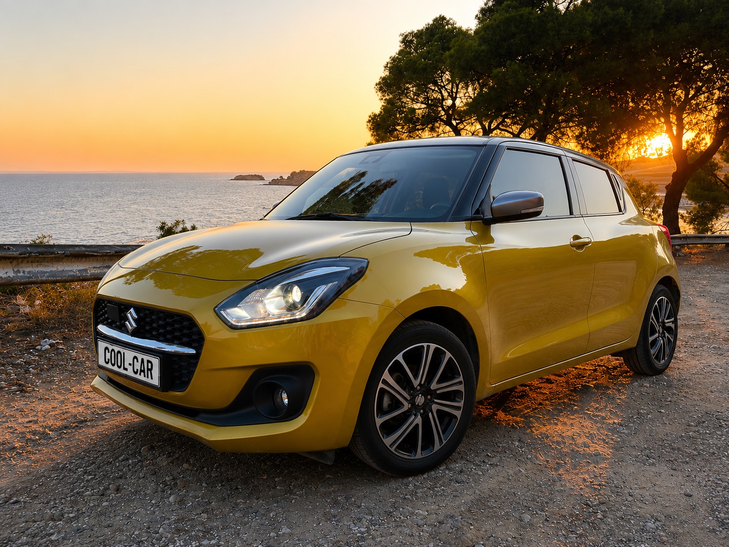 Жёлтый Suzuki Swift 2023 на побережье Эгейского моря на закате