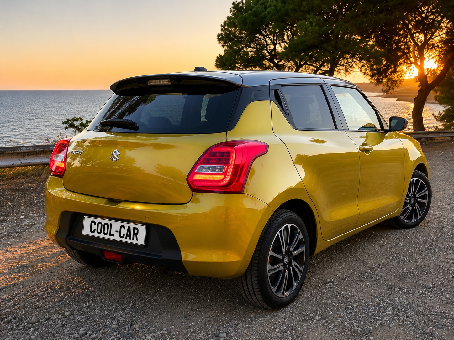 Suzuki Swift, вид сзади — побережье