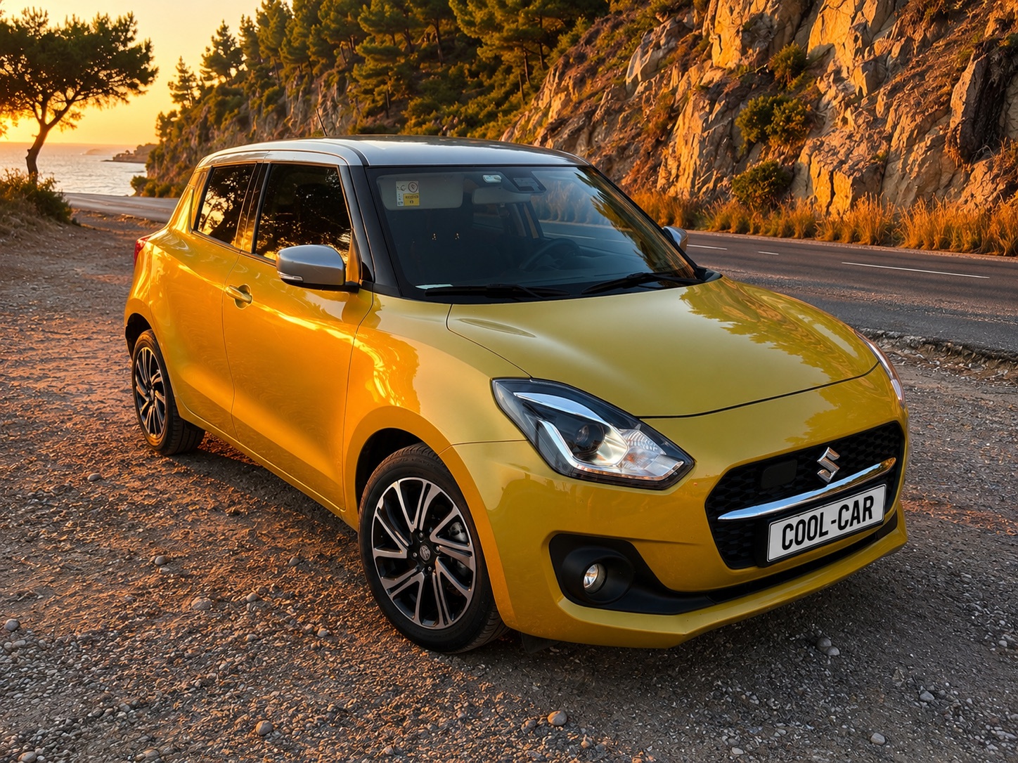Suzuki Swift, вид сбоку — горная дорога
